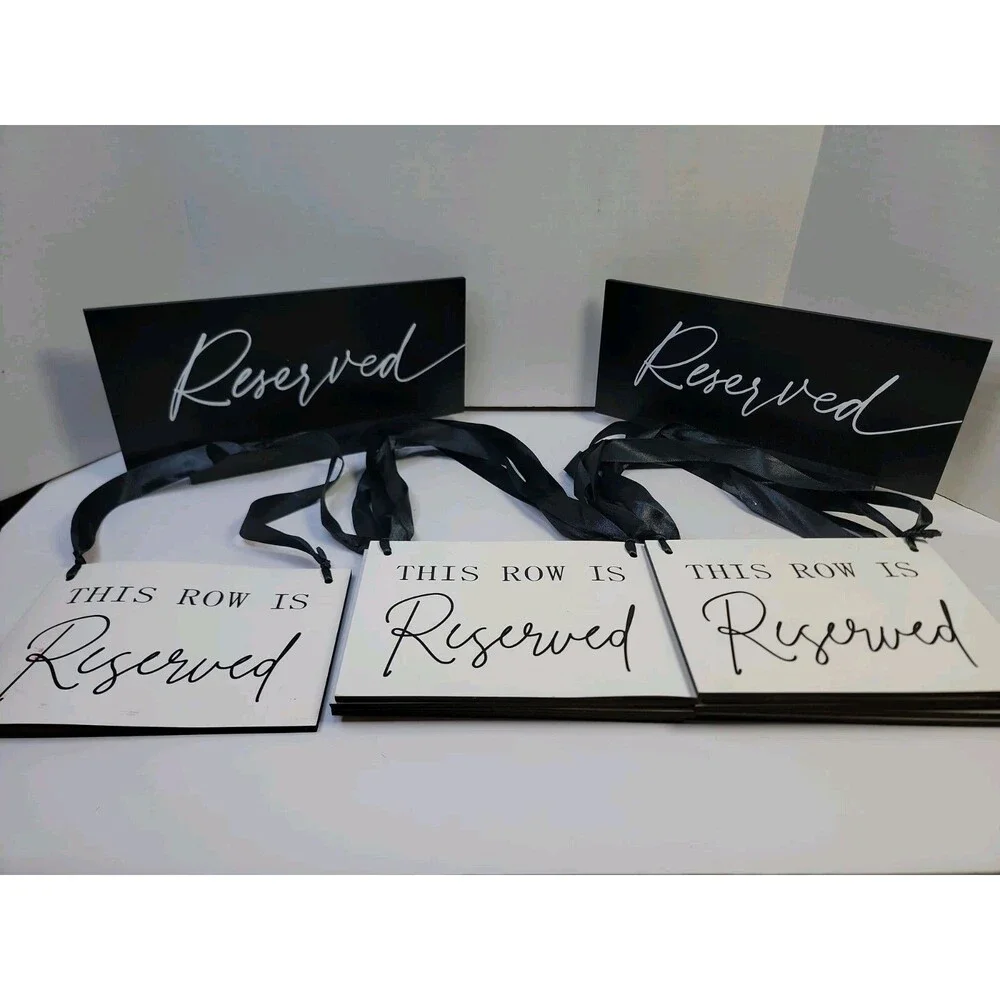 Set of 12 Reserved Wedding Signs Black White Ribbon Chair Row And 2 Tabletop